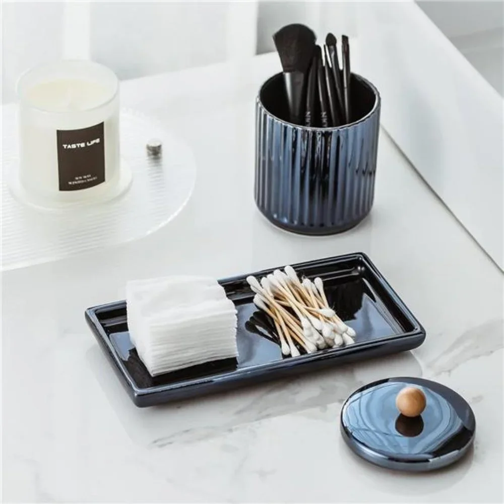 Bathroom Set with Tray(3PCS) - 2 Piece 12 oz Blue Apothecary Jar Canister